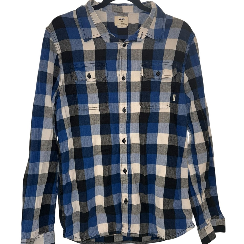 Vans Men's Blue and Black Checkered Flannel Shirt Size Large Excellent